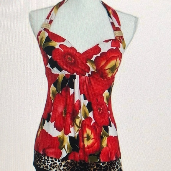 Cache Floral Animal Print Y2K Babydoll Halter Top Size: Small - Picture 1 of 2